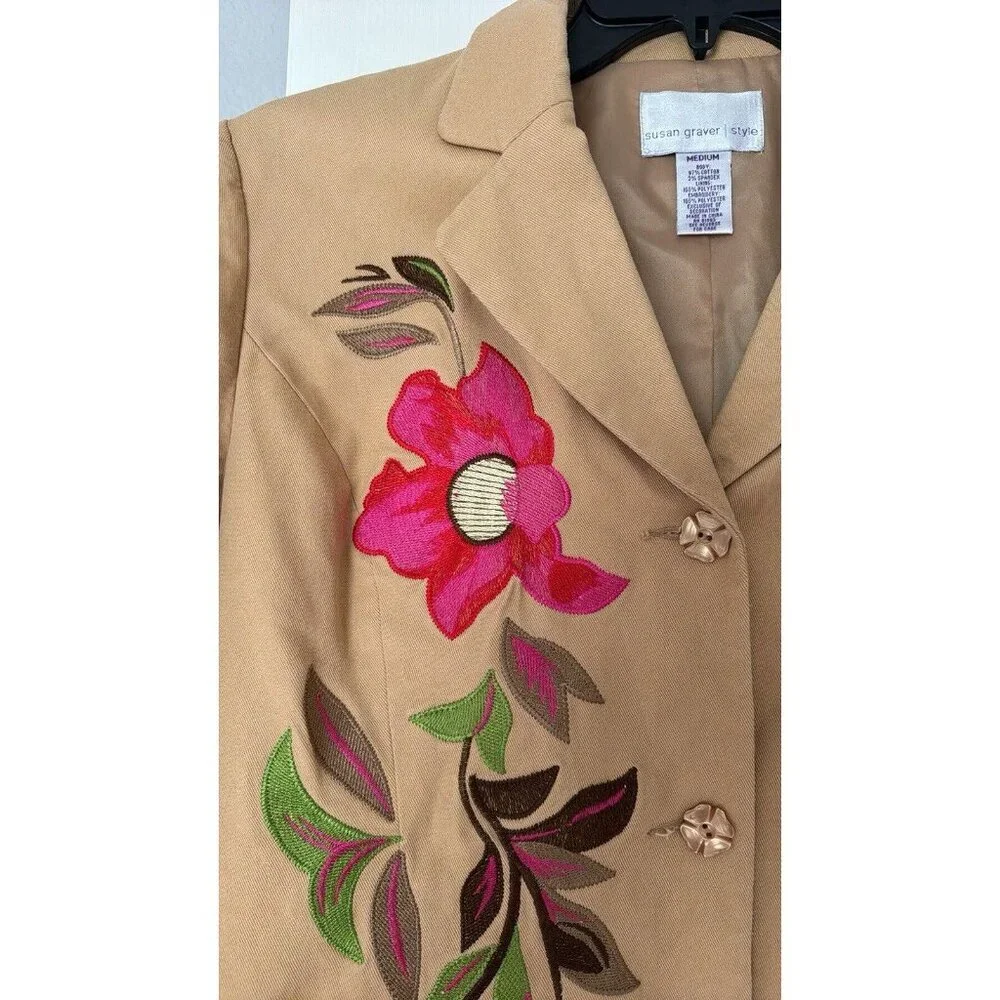Susan Graves Long Sleeve Tan Floral Embroidered Lined Blazer Jacket Medium - Picture 3 of 7